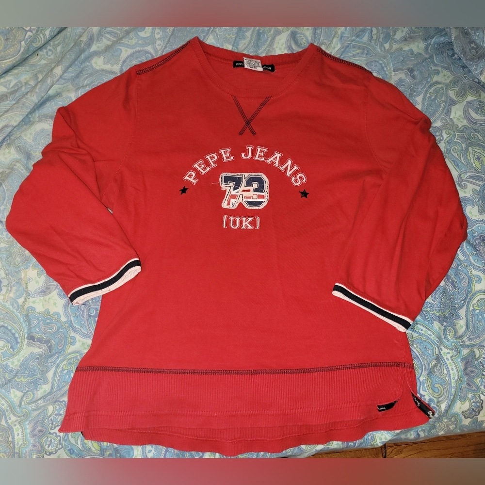Vintage Pepe Jeans Red 3/4 Sleeve Sweatshirt Top Size XL